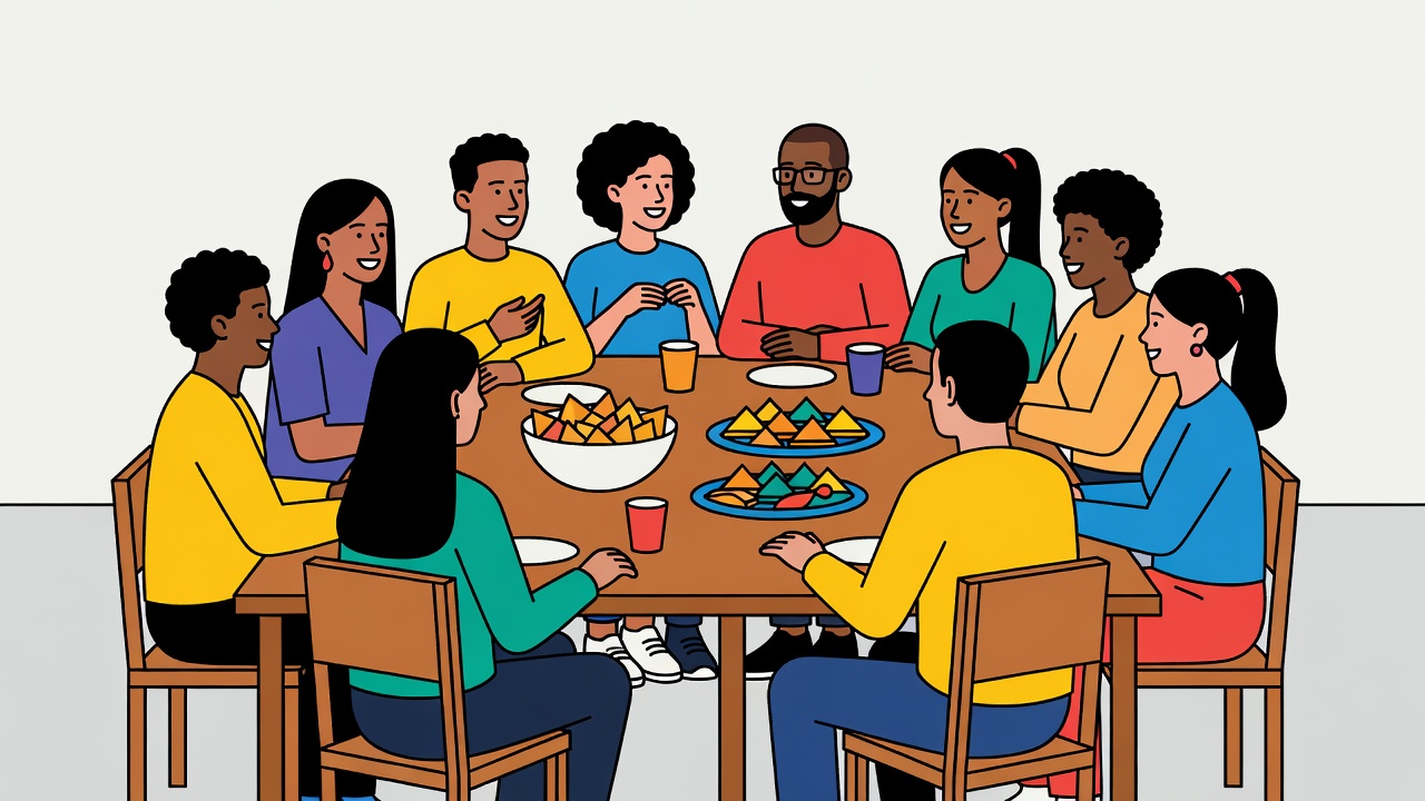 Flat vector illustration of a shared party table